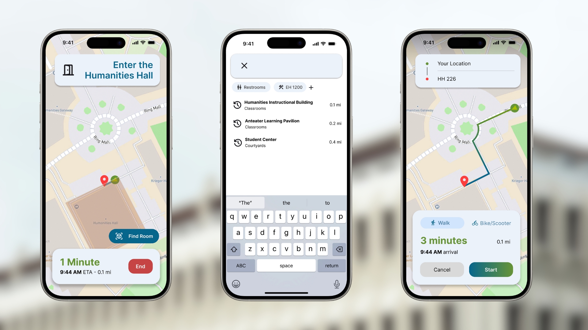 Left: Mockup of active nagativation view; Middle: Mockup of search page; Right: Mockup of navigation preview